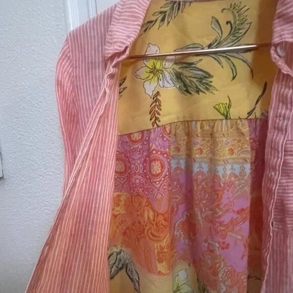 Soft Surroundings Pink Pinstripe Patchwork Back Button-Up XS - Picture 5 of 15